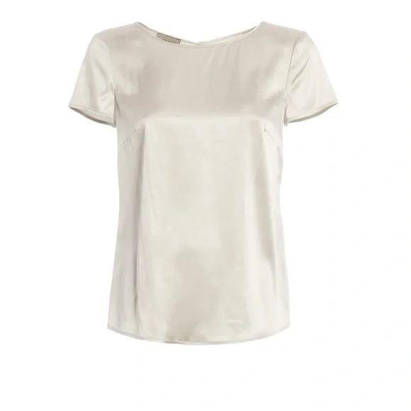 Armani Collezioni Silk Satin Stretch Ivory Short Sleeve Blouse sz 40 Classy - Picture 1 of 13